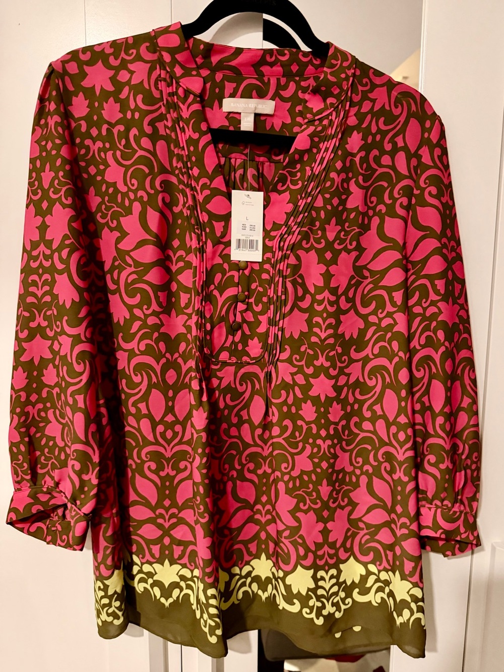 Banana Republic Pink and Olive Floral-Scroll Blouse